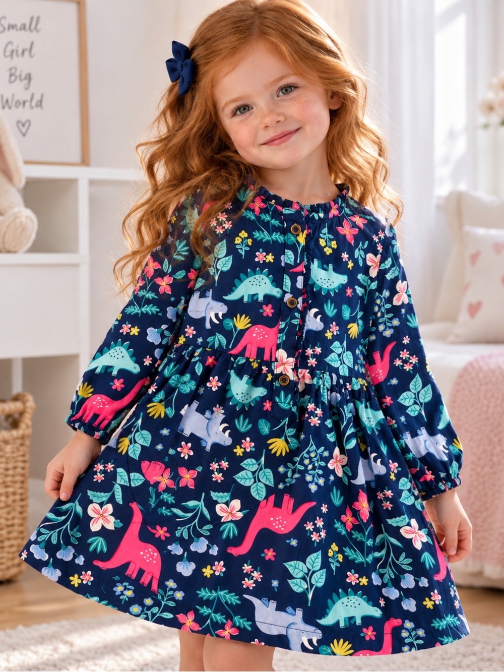 Carter's Navy Dino & Floral Long Sleeve Nightgown with Bright Accents